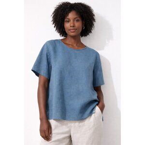 FLAX 100% Linen Blue Short Sleeve Top Relaxed Fit Lagenlook Small